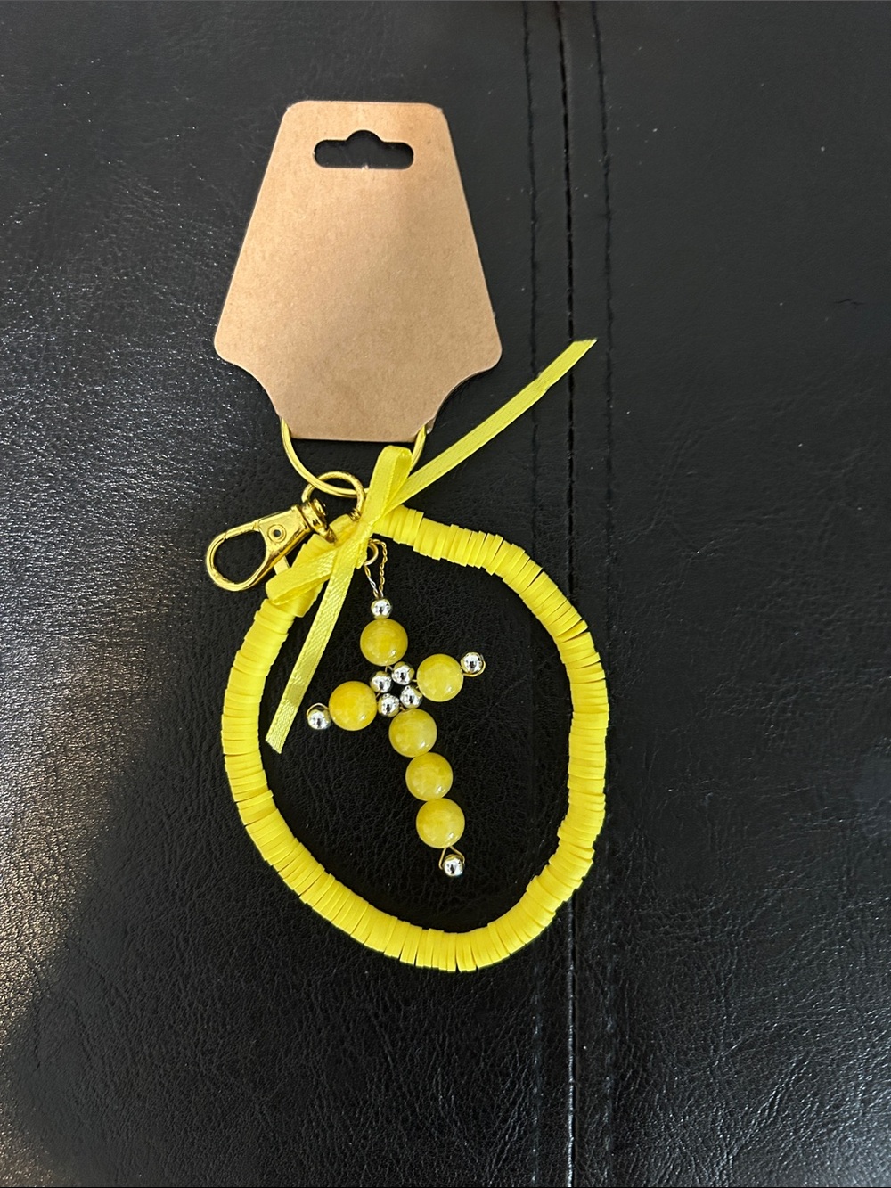 Handmade by my mom! Yellow Beaded Cross bag charm - Women Accessories